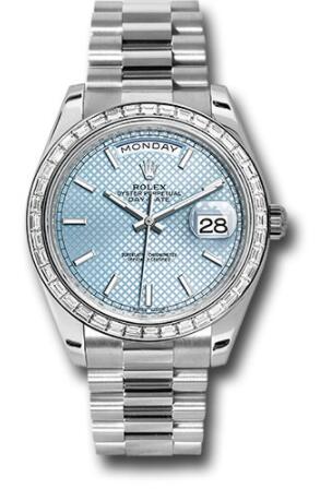 Replica Rolex 950 Platinum Day-Date 40 Watch 228396TBR Bezel Ice Blue Diagonal Motif Index Dial President Bracelet